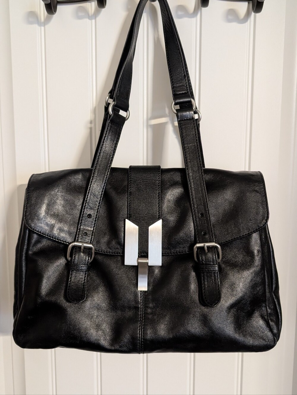 Hype Black Genuine Leather Shoulder Bag Silver Tri Compartment 3 Pocket Purse
